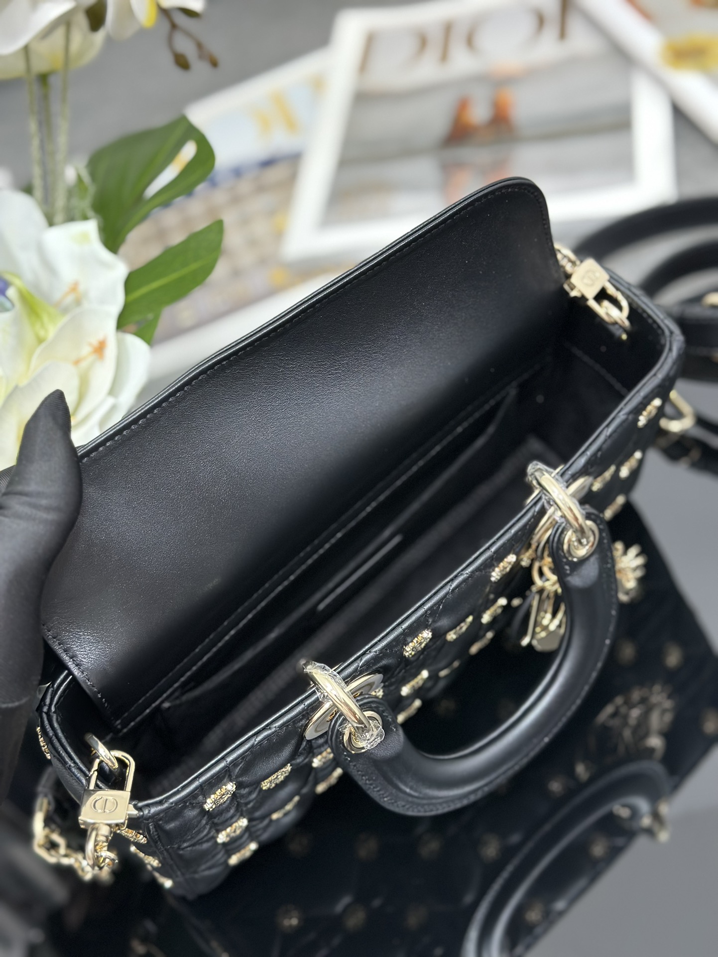 Medium Lady D-Joy Bag Black Lambskin with Sun Nail